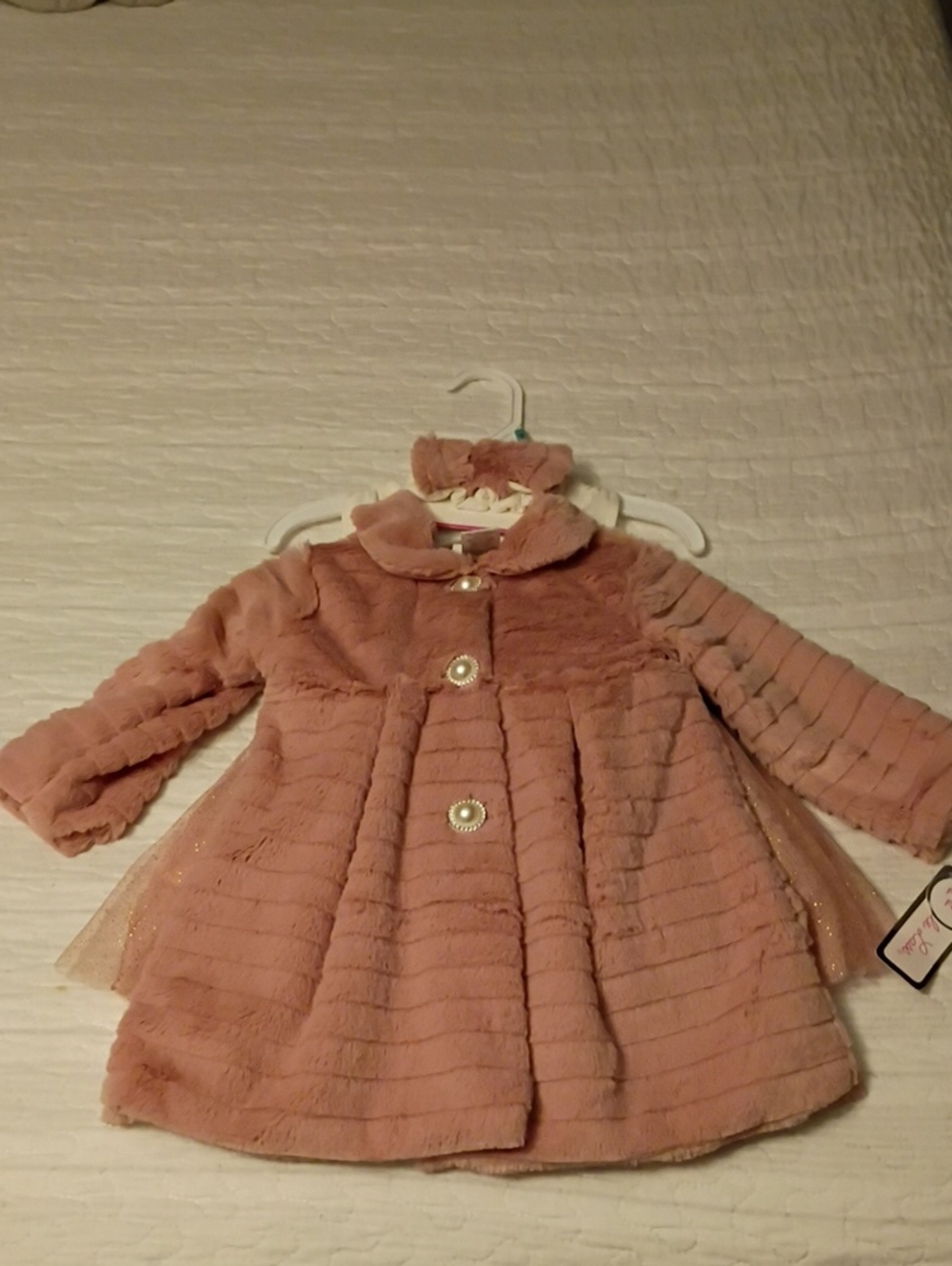 Little Lass Rose Pink Faux-Fur Pea Coat with Tulle Skirt